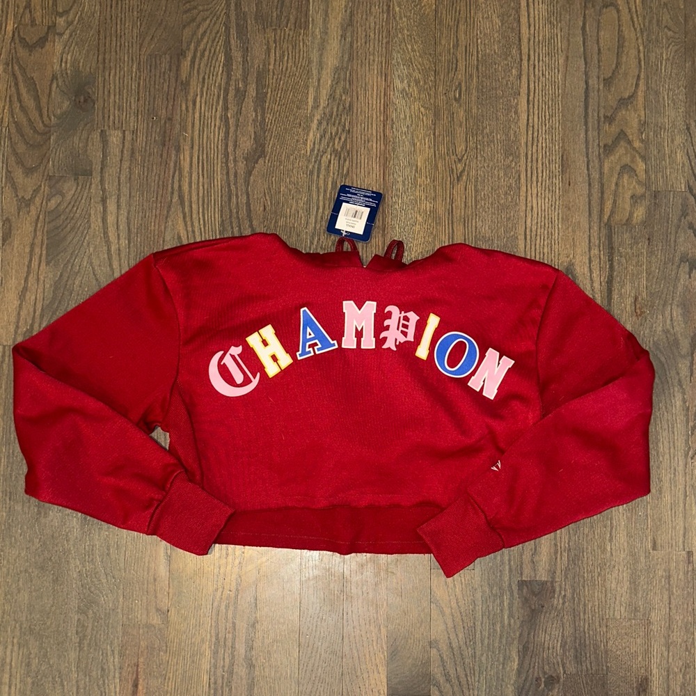 Champion Red Cropped Sweatshirt with Multicolor Lettering